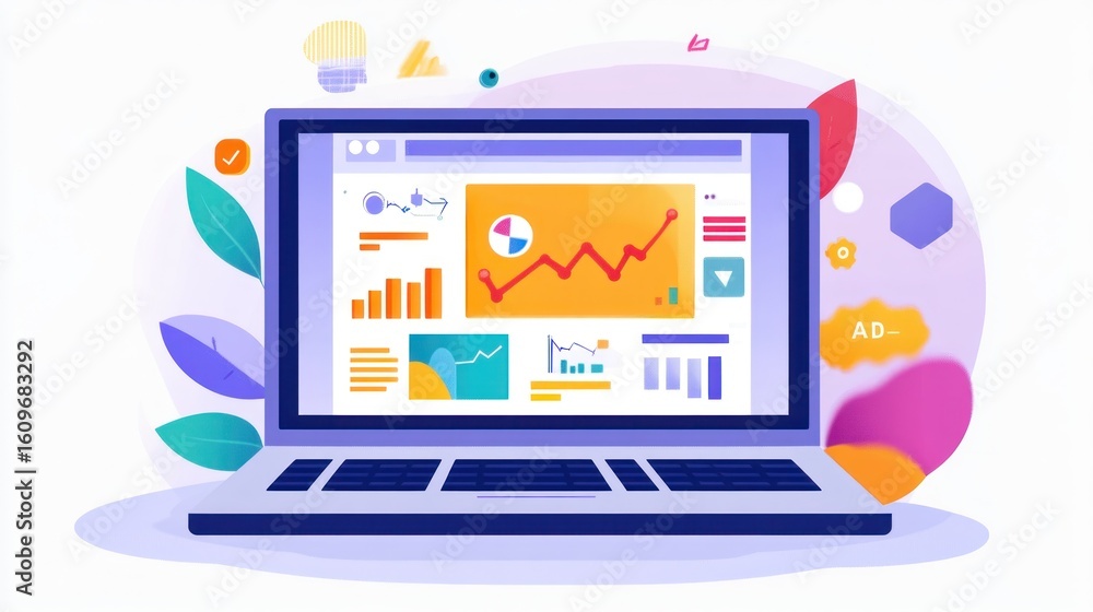 Poster laptop displaying various graphs and charts with abstract shapes and leaves