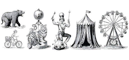 Vintage Circus Illustrations with Animals Ferris Wheel and Performer Black and White Drawings for Nostalgic Designs