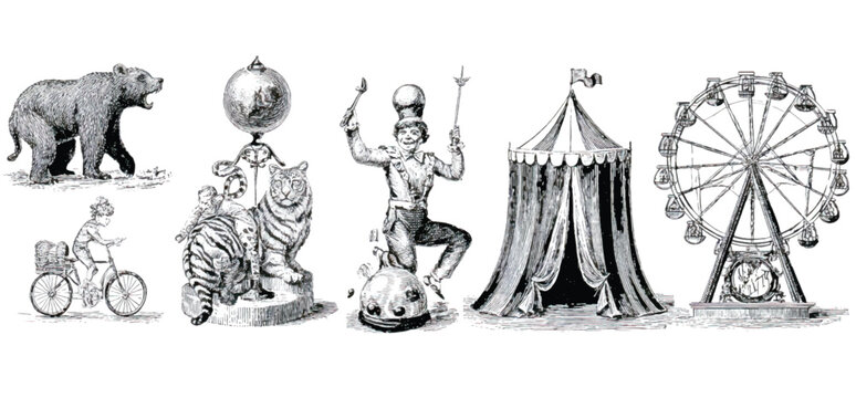 Vintage Circus Illustrations with Animals Ferris Wheel and Performer Black and White Drawings for Nostalgic Designs