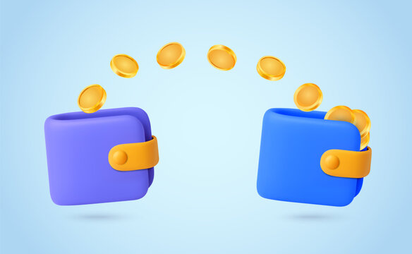 3d wallet with flying coins transfer to another wallet, isolated on white background. Payment process, giving or donation concept in 3d vector illustration. Vector illustration