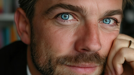 closeup of thoughtful man's striking blue eyes and gentle smile exuding confidence and warmth