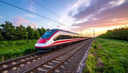 High-speed train at sunset, traversing countryside