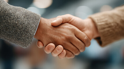 Two business professionals firmly shaking hands signifying trust and successful collaboration in a modern setting