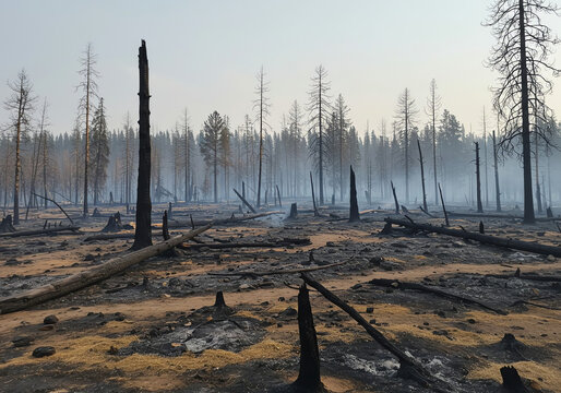 Forest after wildfire showing charred trees and smoke
