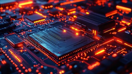 Detailed view of a computer circuit board with glowing orange lights and intricate patterns throughout