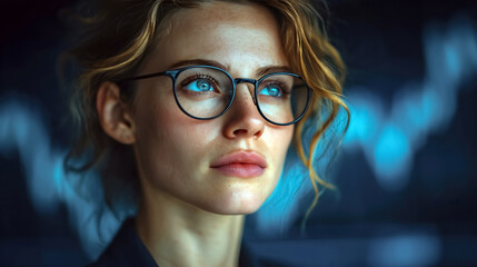 Thoughtful young woman with glasses looking up contemplating future success in modern office with bokeh lights