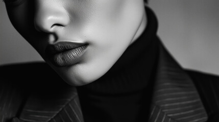 Elegant woman's sculpted lips and jawline in striking black and white fashion portrait