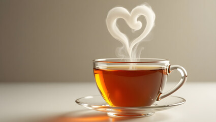 A glass tumbler contains hot black tea, and the heat creates a heart shape in the steam generative AI