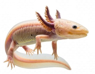 A light peach-colored axolotl