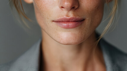 Close-up of a woman's freckled face showcasing natural beauty and soft lips