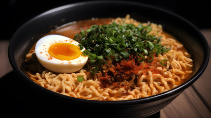 A bowl of ramen with noodles, egg, and garnishes in a black bowl on a wooden table.