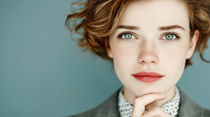 Confident young woman with striking blue eyes and freckles looking thoughtfully into the distance