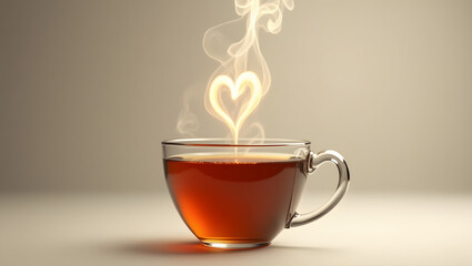 A glass tumbler contains hot black tea, and the heat creates a heart shape in the steam generative AI