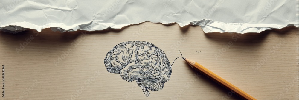 Poster intricate hand drawing of a brain on curled paper with pencil resting, showcasing creativity and art