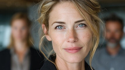 Confident businesswoman with striking blue eyes leads team in modern professional setting