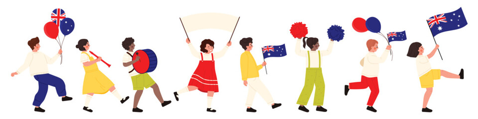 Diverse group of kids marching with Australian flags, balloons, and banners for Australia Day parade on white background, perfect for holiday, celebration, and event themes vector illustration