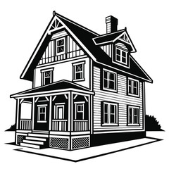 Black and White Illustration of a Two Story House with Porch