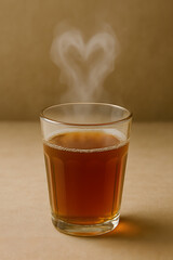 A glass tumbler contains hot black tea, and the heat creates a heart shape in the steam generative AI