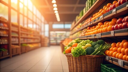 Fresh produce displayed in a grocery store aisle with warm lighting