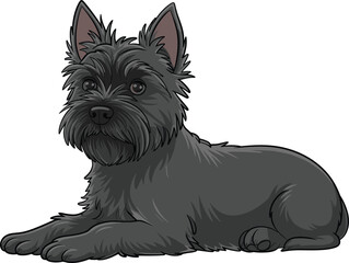 Adorable cartoon black terrier dog, cute small breed lying down, furry pet animal vector illustration, lovable domestic canine, isolated on white background