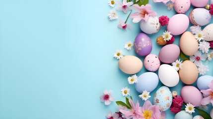 A colorful Easter egg display with pink, purple, and blue eggs, surrounded by flowers and greenery on a blue background.
