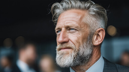 Distinguished mature man with grey beard and thoughtful gaze conveys experience and wisdom in business