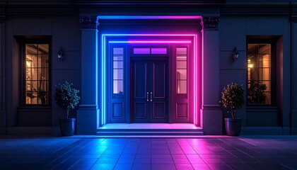 Elegant, nighttime facade with vibrant neon accents