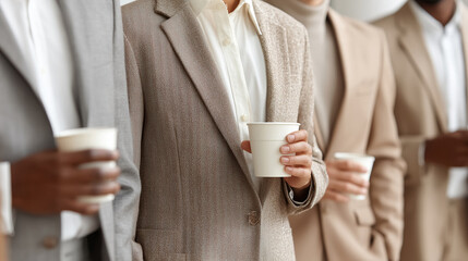 Diverse business professionals holding coffee cups embodying teamwork and modern corporate culture