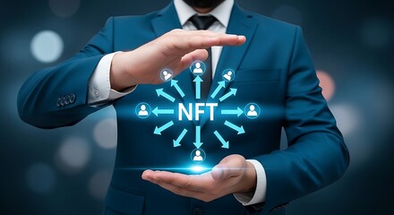A businessman presents the concept of nft, representing digital assets and blockchain technology