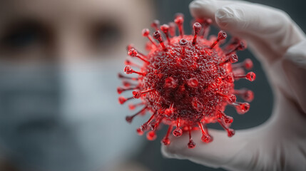 Scientist examines hazardous red virus particle healthcare research medical science pandemic awareness
