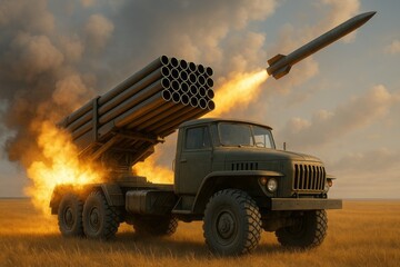 Military rocket launcher truck firing missile in field with smoke and flames
