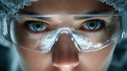 Focused scientist intently observing experiment through protective goggles in a sterile laboratory environment
