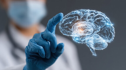 Scientist examines glowing futuristic brain network visualizing complex neural connections and medical innovation
