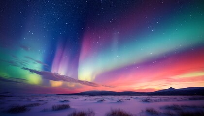 ethereal aurora borealis illuminating pastel sunset sky with star filled background