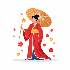 Elegant Woman in Traditional Kimono: A serene woman adorned in a vibrant, flowing kimono, holding a delicate umbrella and immersed in a moment of tranquil contemplation amidst blooming flowers. 