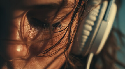 Intense focus woman with headphones experiencing deep emotion bathed in warm dramatic light