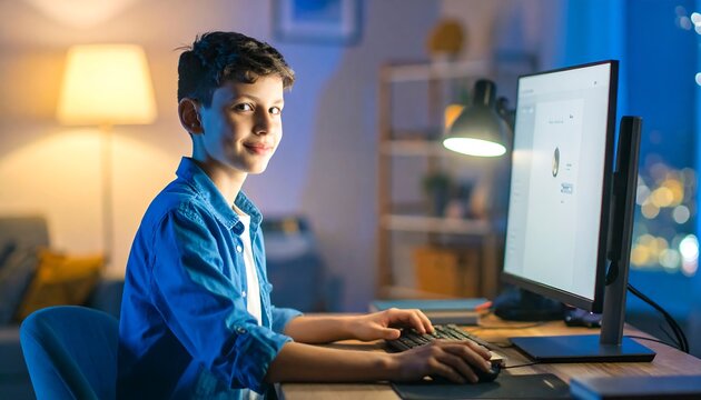 Boy working on computer at night - Powered by Adobe