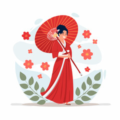 Geisha Elegance: An elegant geisha in a vibrant red kimono delicately holds a traditional umbrella, surrounded by delicate blossoms, symbolizing beauty and grace.