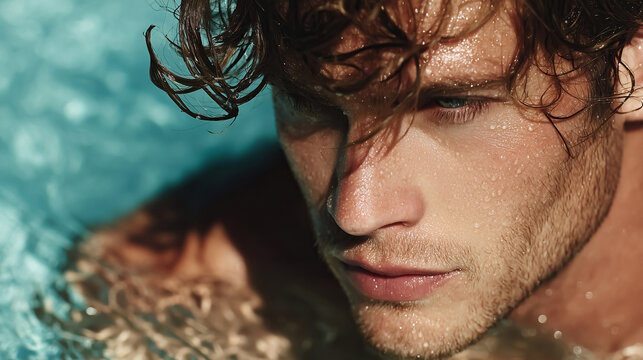 Captivating portrait of a man with wet hair and skin glistening with water droplets in natural light - Powered by Adobe