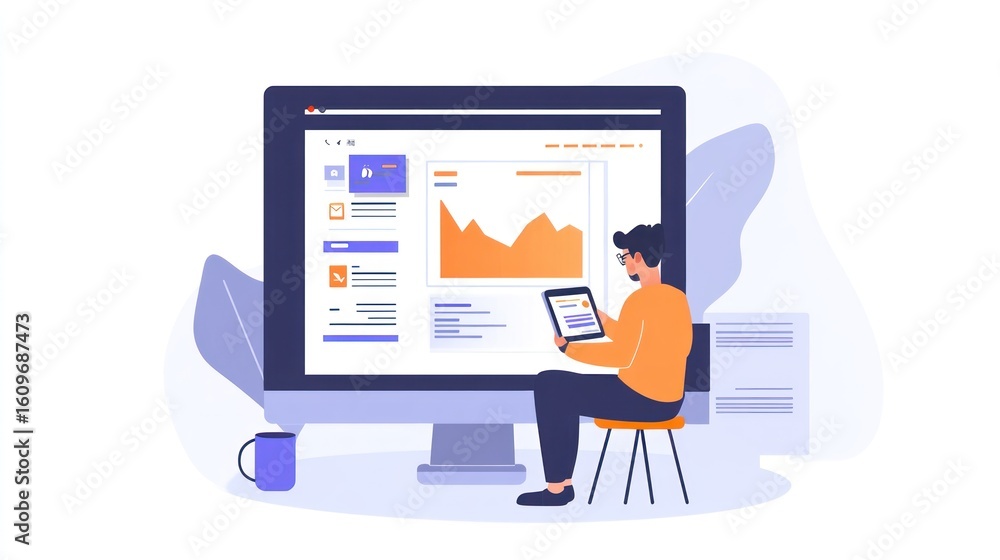 Aufkleber man uses tablet near computer displaying analytics and charts
