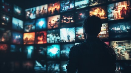 Man stands before a wall of screens displaying various images in a darkened room with blue lighting