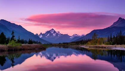 serene landscape featuring mountains in shades of purple and pink reflecting in calm river scene evokes tranquility and beauty