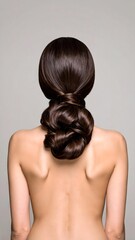 Fototapeta premium Elegant twisted low bun hairstyle with smooth, glossy hair, perfect for weddings and formal occasions.