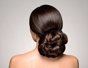 Fototapeta premium Elegant voluminous braided low bun hairstyle with smooth, glossy hair, perfect for weddings and formal occasions.