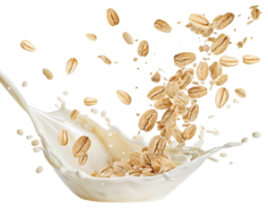 Oat flakes splashing in fresh milk splash for breakfast healthy lifestyle concept dramatic effect