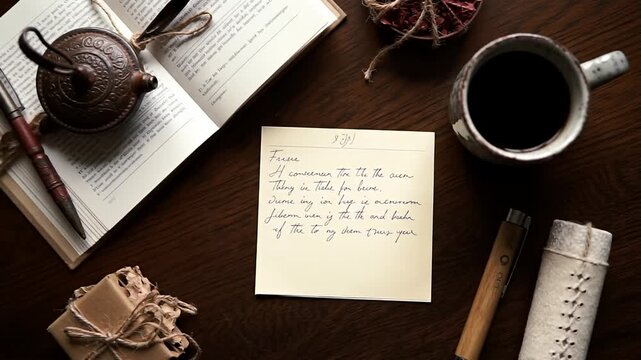 Dark wood desk with open book, writing, drink, pen, & wrap. Rustic & warm