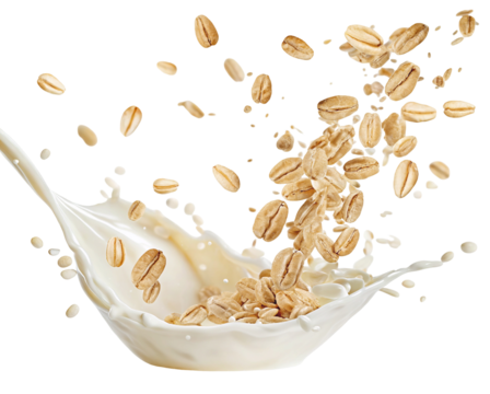 Oat flakes splashing in fresh milk splash for breakfast healthy lifestyle concept dramatic effect