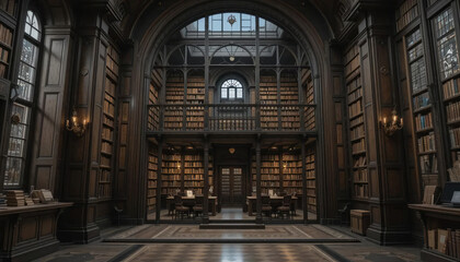 Duplex merged into giant old library walls, vintage interior visible from glass front, dark academia aesthetic, 8K