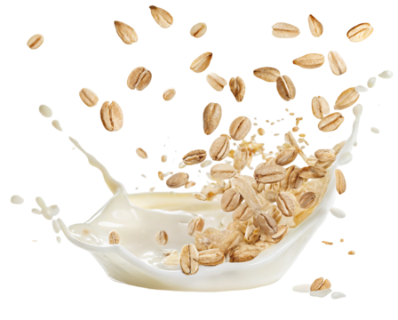 Oats splashing in creamy milk for a fresh and healthy breakfast concept stock image background