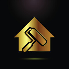 Golden house silhouette with paint roller icon